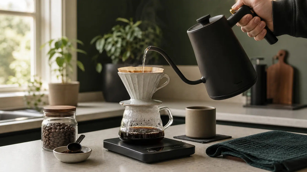 Black gooseneck kettle pouring water over pour-over coffee in a home kitchen