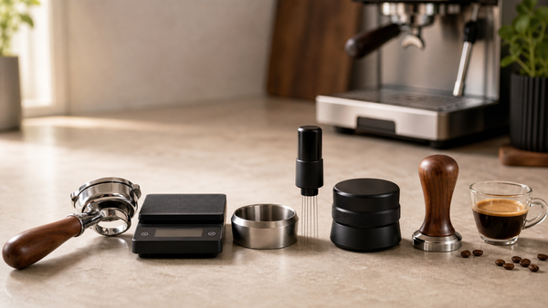 Home espresso workflow tools arranged with portafilter, coffee scale, dosing funnel, WDT tool, distributor, tamper, and espresso cup