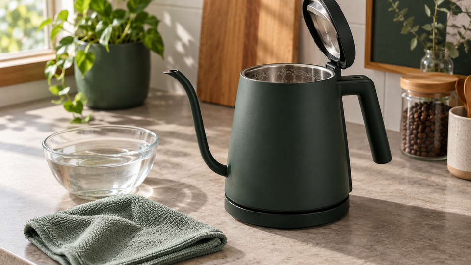 Electric gooseneck kettle prepared for safe descaling on a warm home coffee counter