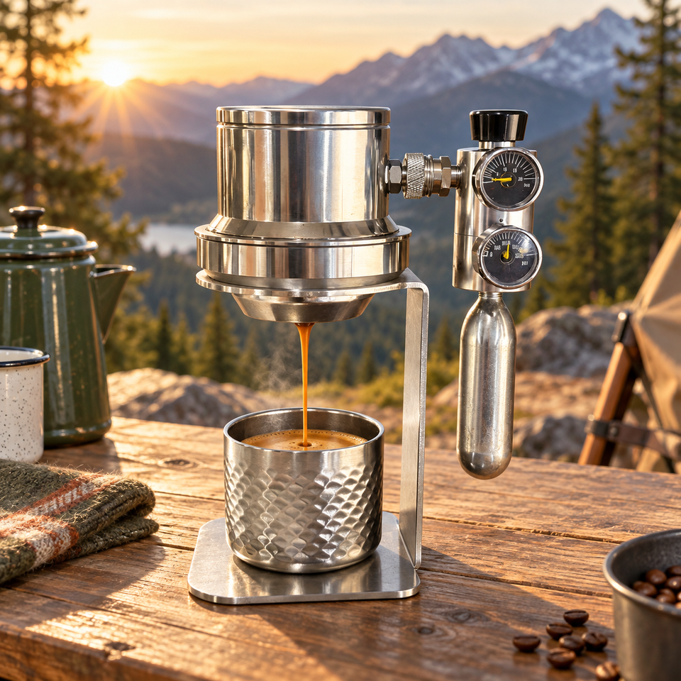 Portable pneumatic espresso maker brewing outdoors at 9 bar without electricity