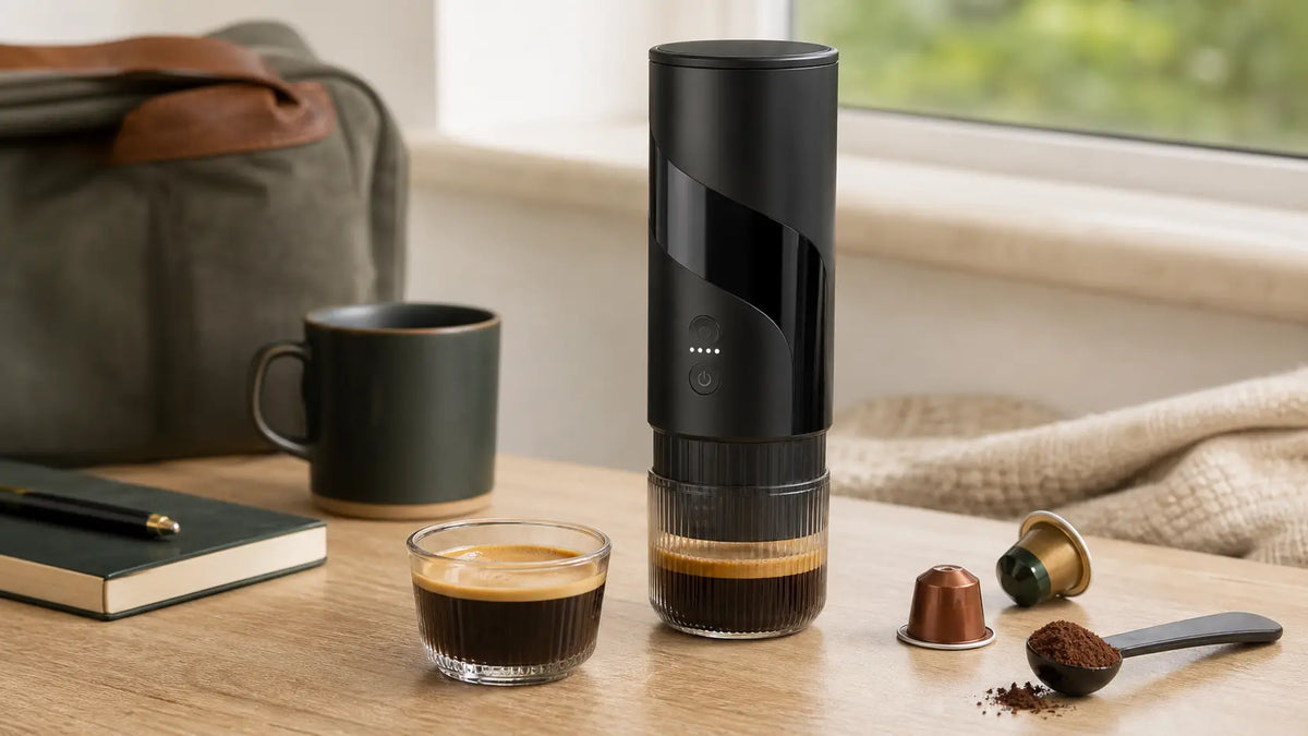 Portable capsule coffee machine brewing fresh coffee beside capsules and a travel mug