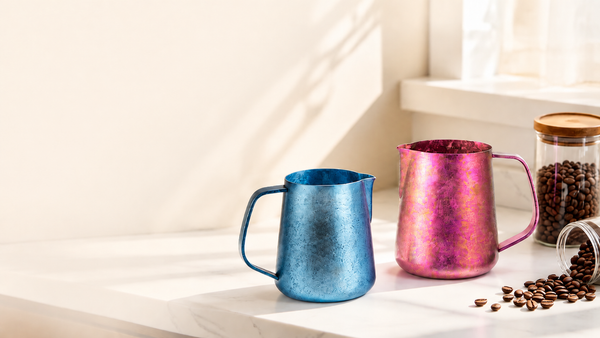 Yozcoffee pure titanium milk pitchers in a coffee bar scene