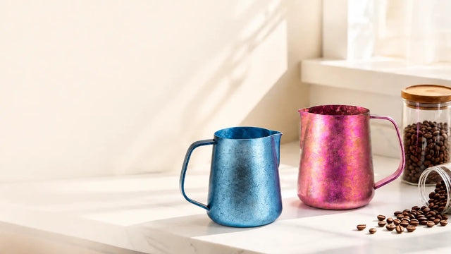 Yozcoffee pure titanium milk pitchers in a coffee bar scene