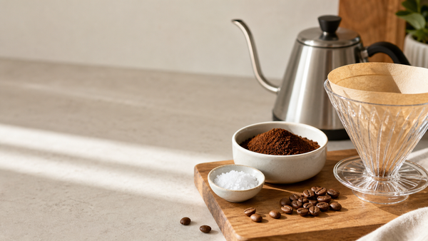 Small bowl of sea salt beside coffee grounds, beans, pour-over dripper, and gooseneck kettle for a Yozcoffee brewing guide