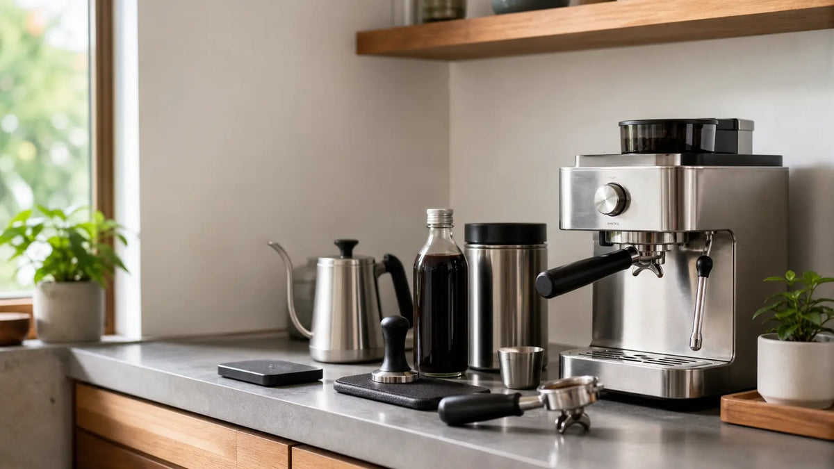 Compact home coffee bar setup with espresso tools, coffee canister, scale, kettle, and cold brew bottle