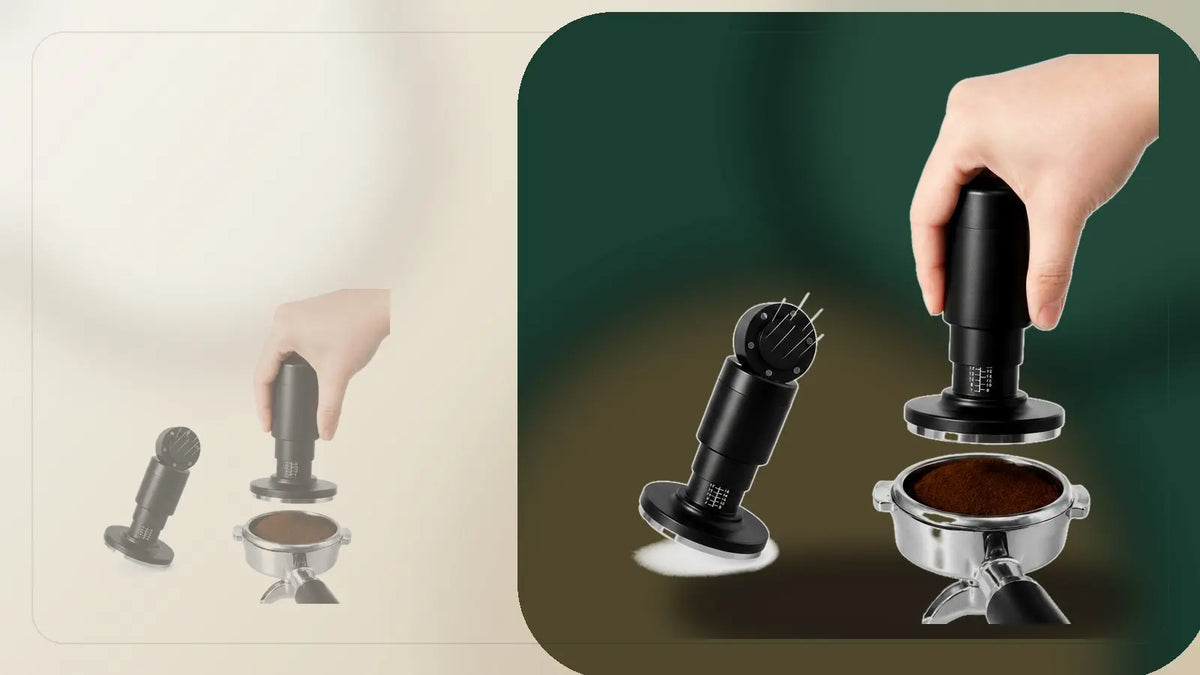 Spring-loaded espresso tamper and magnetic distributor preparing a portafilter for puck prep