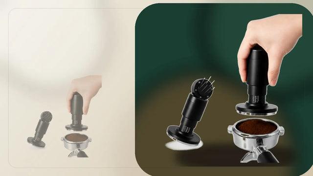 Spring-loaded espresso tamper and magnetic distributor preparing a portafilter for puck prep