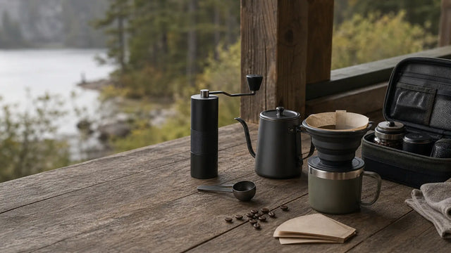 Portable pour over kit with grinder, gooseneck kettle, dripper, and mug on a cabin table by a lake