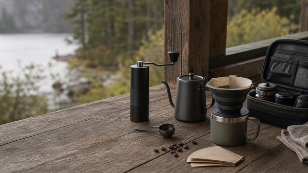 Portable pour over kit with grinder, gooseneck kettle, dripper, and mug on a cabin table by a lake