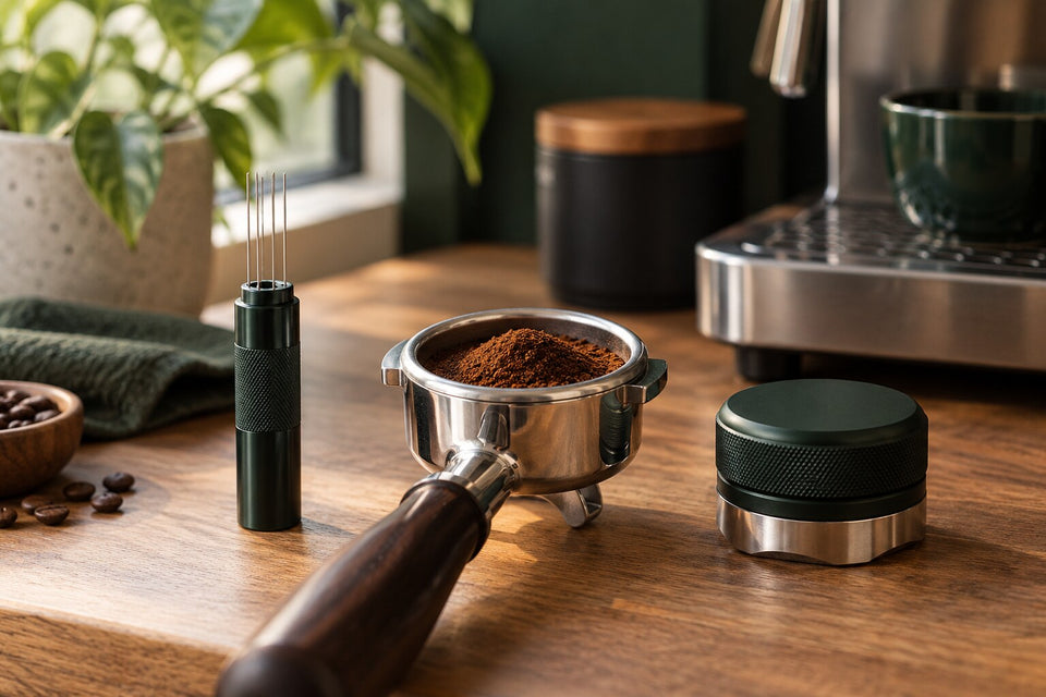 WDT needle tool and espresso surface distributor beside a filled portafilter