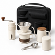 White six-piece pour-over coffee set with grinder kettle dripper cup canister scoop and travel case