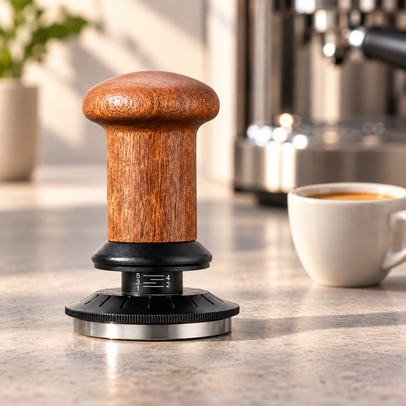 Samovyrovnávací tamper na espresso s dřevěnou rukojetí na kamenné lince vedle šálku espressa