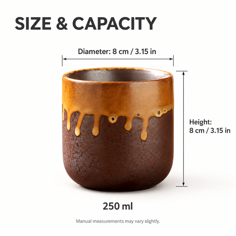 Maße der 250-ml-Keramiktasse: 8 cm Durchmesser und 8 cm Höhe