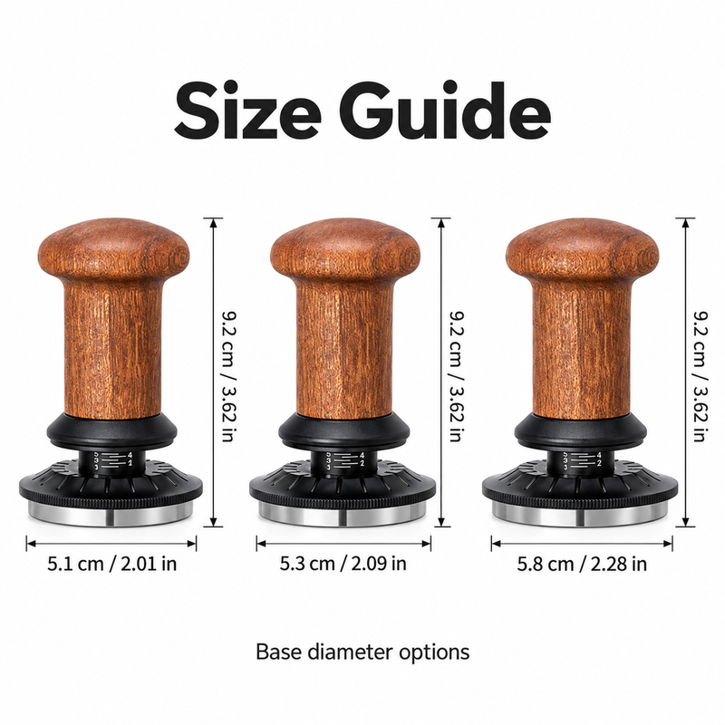 Průvodce velikostí s variantami základny 51mm, 53mm a 58mm, každá s celkovou výškou 9,2 cm