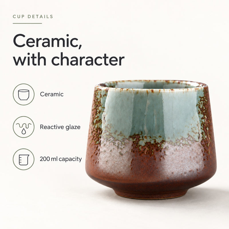 Kaffeetasse aus Keramik mit Reaktionsglasur und Angaben zu 200 ml Fassungsvermögen