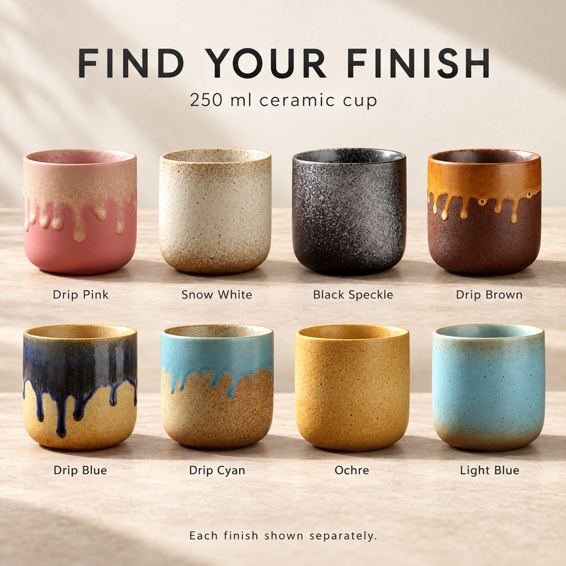 Acht Ausführungen der Kaffeetasse aus Keramik: Drip Pink, Snow White, Black Speckle, Drip Brown, Drip Blue, Drip Cyan, Ochre und Light Blue