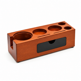 Yozcoffee solid wood espresso tool organizer with built-in drawer and tamping station for 51, 54 and 58 mm portafilters