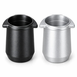 Black and silver 54mm aluminum espresso dosing cups on a white background