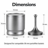 ドージングカップの寸法：上部径72mm、底径70mm、高さ75mm／ディストリビューター：径55mm、高さ70mm