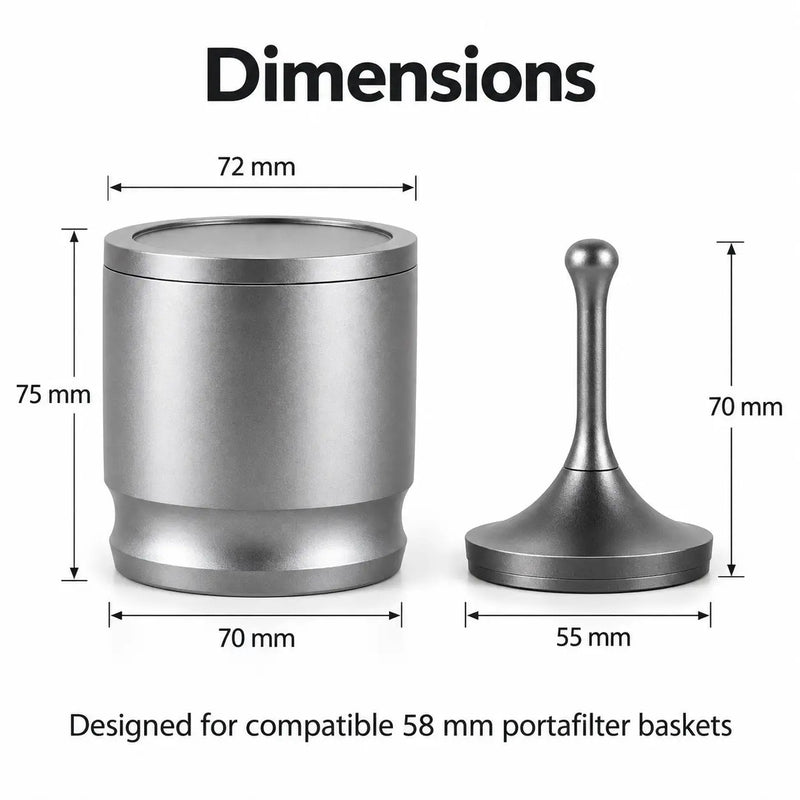 ドージングカップの寸法：上部径72mm、底径70mm、高さ75mm／ディストリビューター：径55mm、高さ70mm