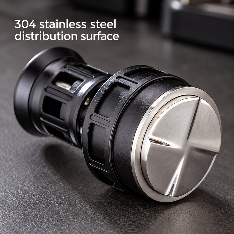 Four-vane 304 stainless steel distribution surface on the underside of the espresso distributor.