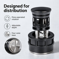 Press-operated rotation, adjustable depth and four-vane base of the 58mm espresso distributor.