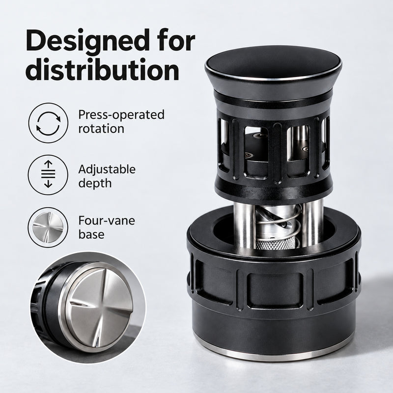 Press-operated rotation, adjustable depth and four-vane base of the 58mm espresso distributor.