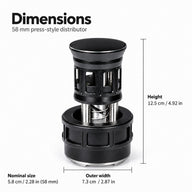 58mm espresso distributor dimensions: 12.5cm high and 7.3cm outer width, with inch equivalents.
