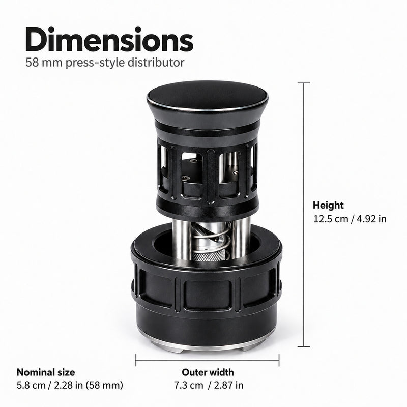 58mm espresso distributor dimensions: 12.5cm high and 7.3cm outer width, with inch equivalents.