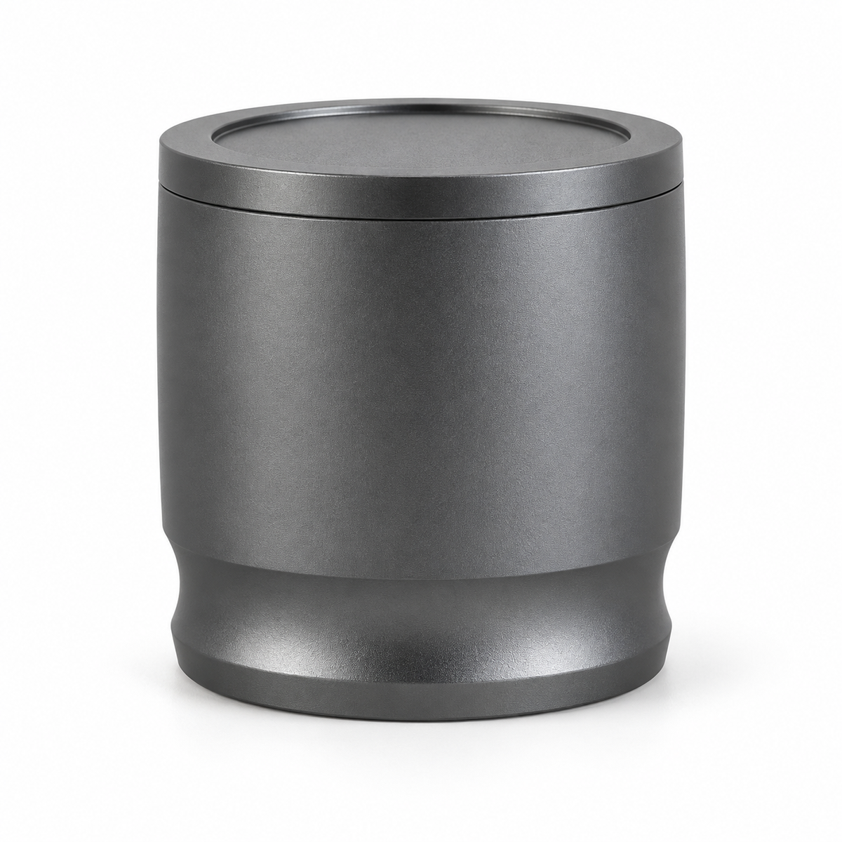 Gray 58mm espresso dosing cup with fitted recessed lid on a white background