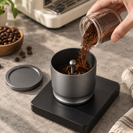 Coffee grounds poured into a gray dosing cup resting on a coffee scale