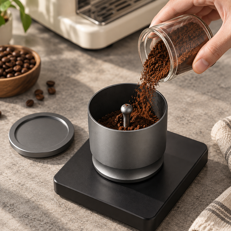 Coffee grounds poured into a gray dosing cup resting on a coffee scale