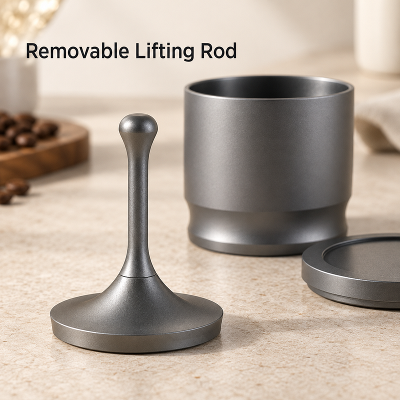 Removable gray lifting rod with flared disk beside the cup and lid