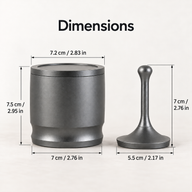 Coffee dosing cup and lifting rod dimensions with centimeter and inch measurements