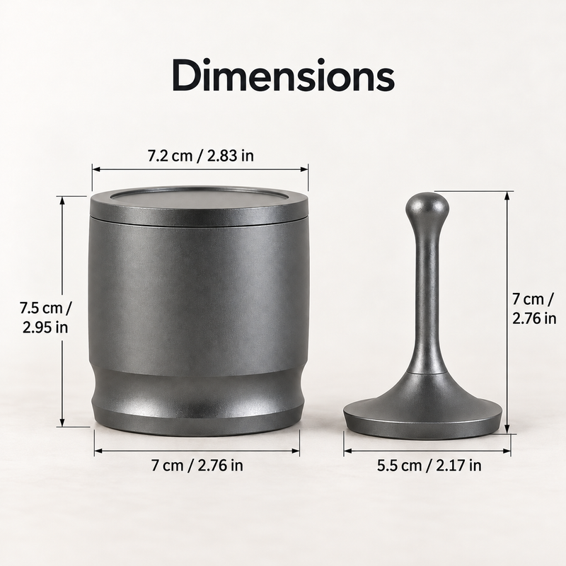 Coffee dosing cup and lifting rod dimensions with centimeter and inch measurements