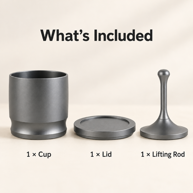 One gray dosing cup, one matching lid and one removable lifting rod