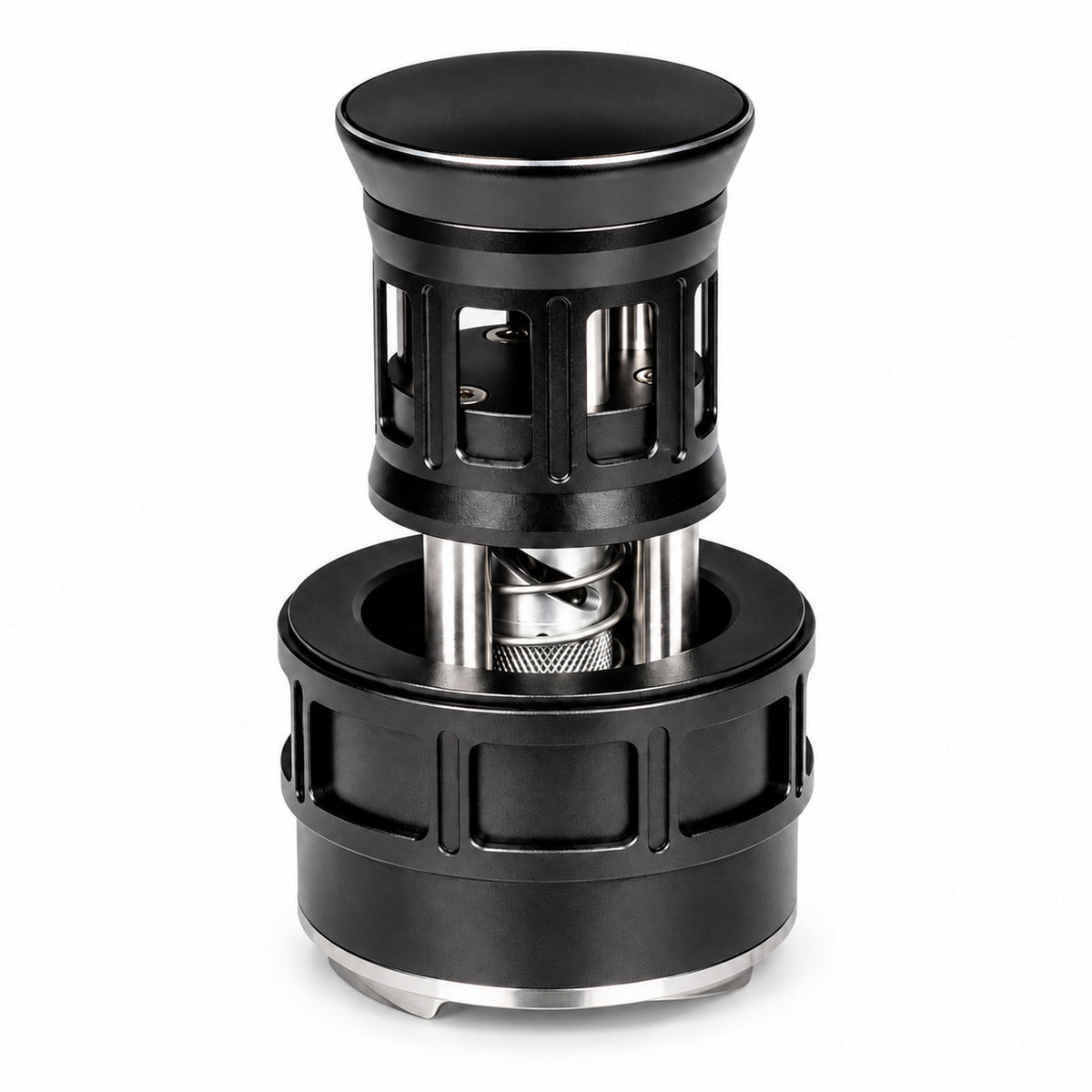 Black 58mm press-style rotating espresso distributor with adjustable depth and a stainless steel base.