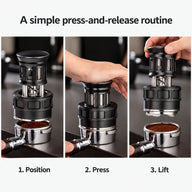 Three-step espresso distributor guide: position over the basket, press the cap, and lift.