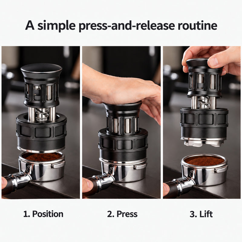 Three-step espresso distributor guide: position over the basket, press the cap, and lift.