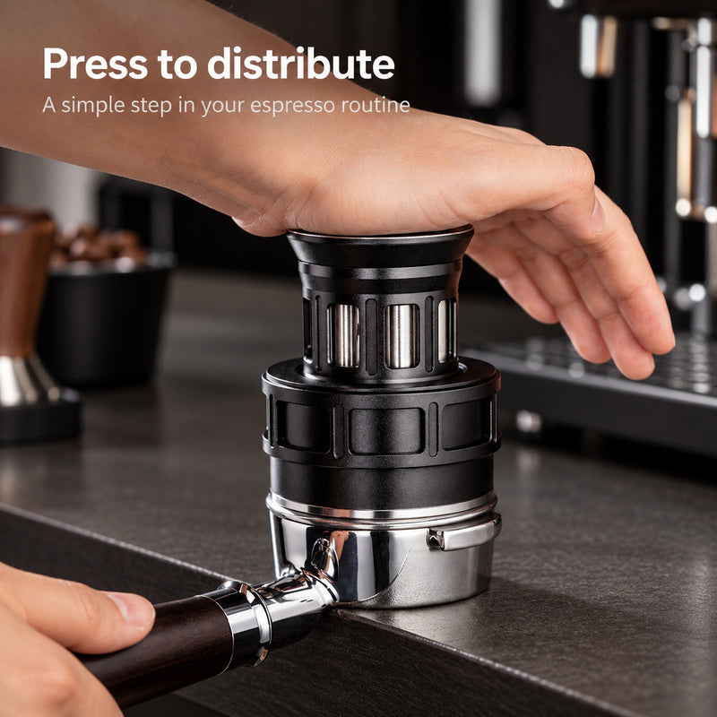 Hand pressing the 58mm espresso distributor onto a portafilter basket.