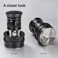 Front and underside views of the same black 58mm rotating espresso distributor.