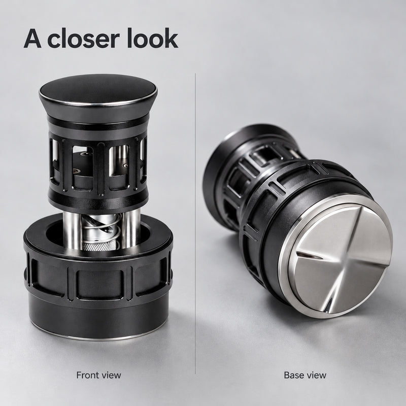 Front and underside views of the same black 58mm rotating espresso distributor.