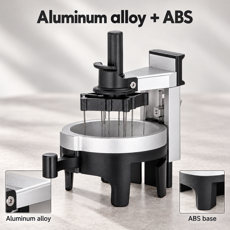 Distribuidor WDT giratorio negro y plateado con detalles ampliados de aleación de aluminio y ABS.