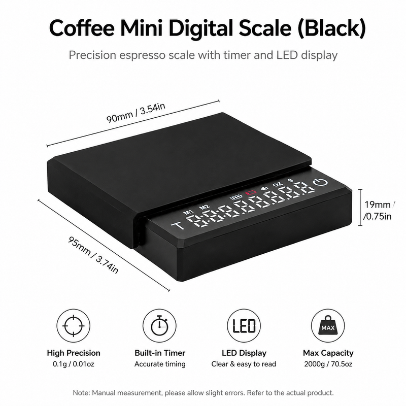 Yozcoffee Digitale Kaffeewaage mit Timer – Wiederaufladbar, 0,3–2000 g, Schwarz & Weiß