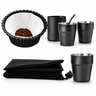 Portable pour-over set accessories with a black dripper, paper filter and grounds, metal cups, and folded pouch