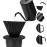 Black gooseneck kettle pouring into a dripper with inset close-ups of the spout, handle, and lid