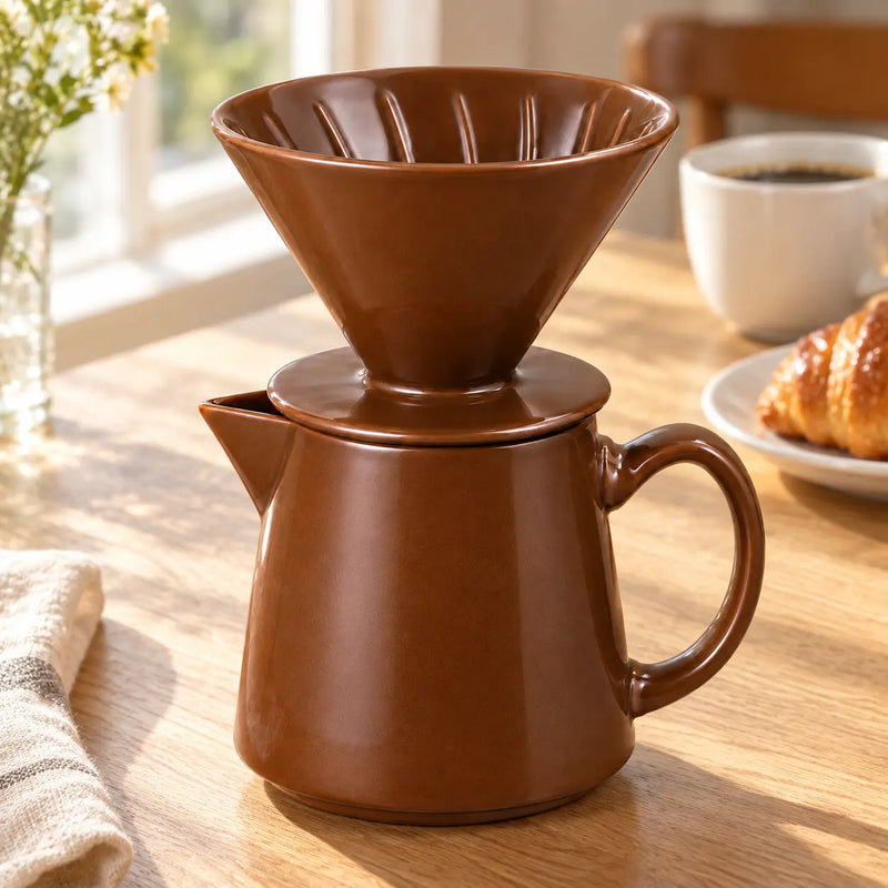 Braunes Pour-over-Kaffeeset aus Keramik auf einem sonnigen Frühstückstisch