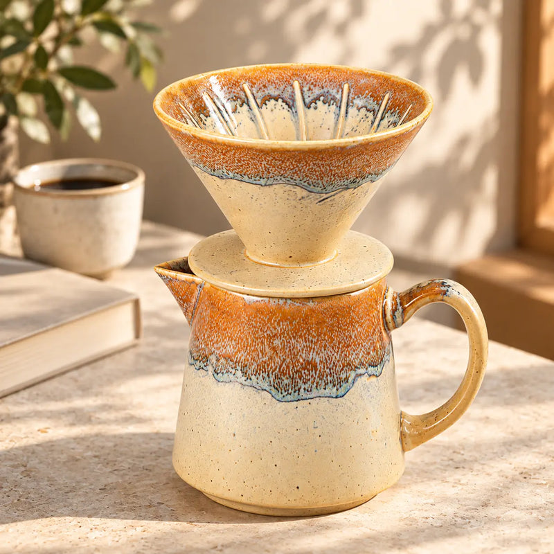 Creme-bernsteinfarbenes Pour-over-Kaffeeset aus Keramik neben einem sonnigen Lesebereich am Nachmittag