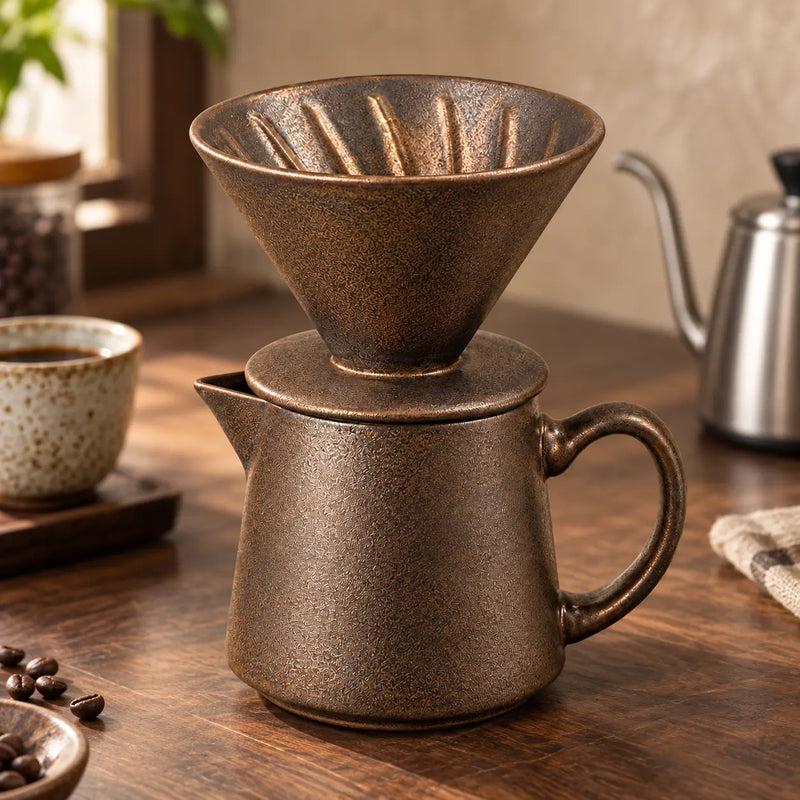 Dunkelbraunes Pour-over-Kaffeeset aus Keramik in einer Kaffeeecke zu Hause