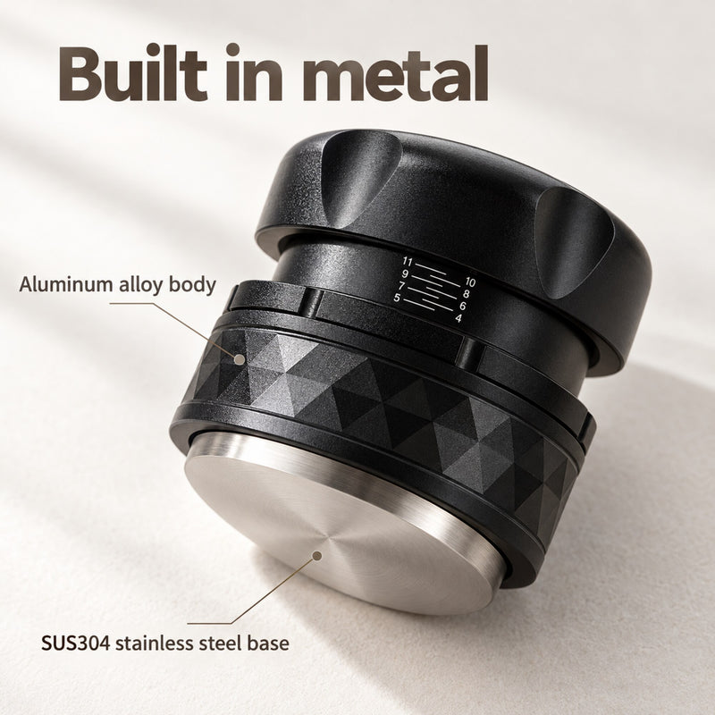 Corps en alliage d’aluminium et base plate en acier inoxydable SUS304 du tamper espresso noir